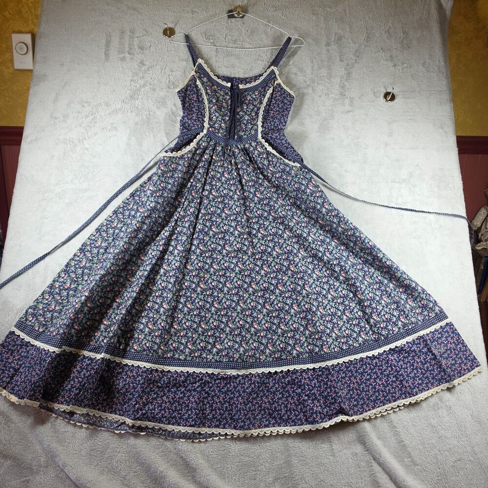 VTG 70s Gunne Sax Jessica Blue Calico Floral Prairie Dress Corset Lace Up Size 7